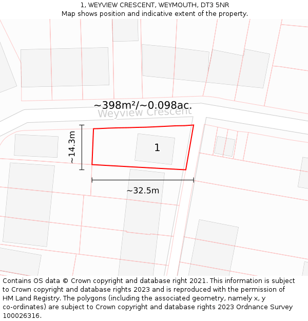 1, WEYVIEW CRESCENT, WEYMOUTH, DT3 5NR: Plot and title map