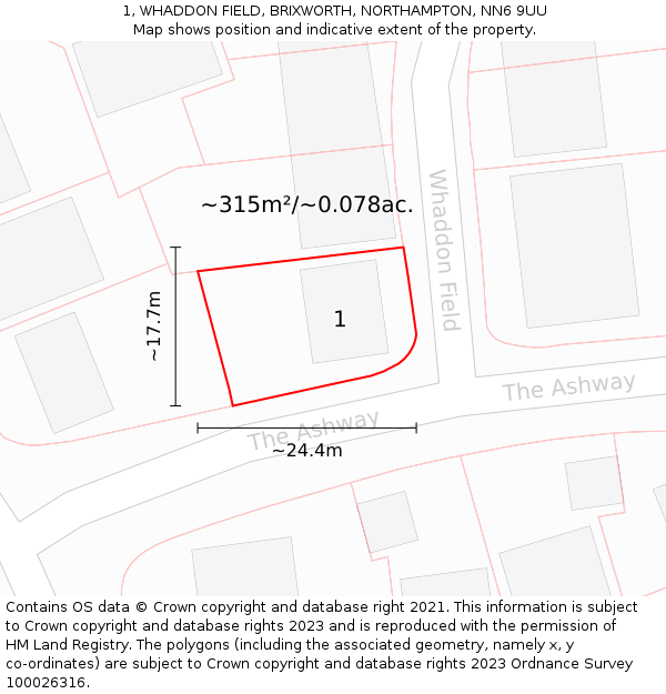 1, WHADDON FIELD, BRIXWORTH, NORTHAMPTON, NN6 9UU: Plot and title map