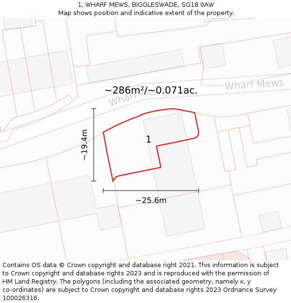 1, WHARF MEWS, BIGGLESWADE, SG18 0AW: Plot and title map