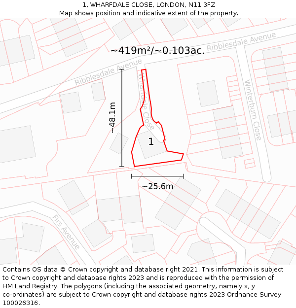 1, WHARFDALE CLOSE, LONDON, N11 3FZ: Plot and title map