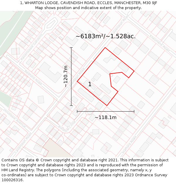 1, WHARTON LODGE, CAVENDISH ROAD, ECCLES, MANCHESTER, M30 9JF: Plot and title map