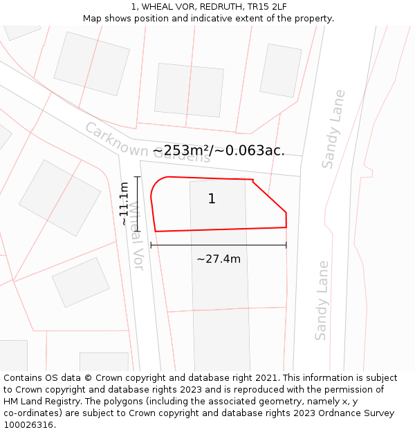 1, WHEAL VOR, REDRUTH, TR15 2LF: Plot and title map
