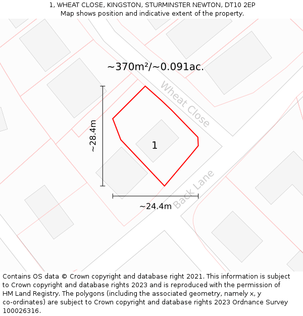 1, WHEAT CLOSE, KINGSTON, STURMINSTER NEWTON, DT10 2EP: Plot and title map