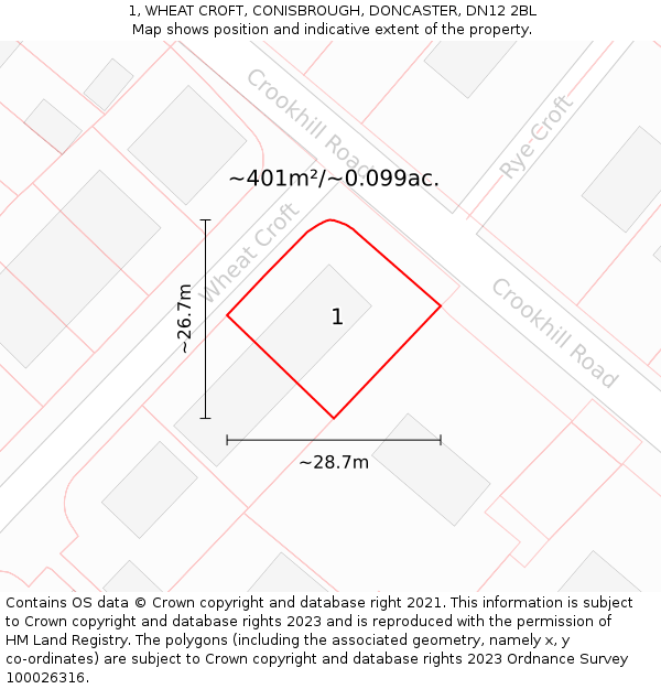 1, WHEAT CROFT, CONISBROUGH, DONCASTER, DN12 2BL: Plot and title map