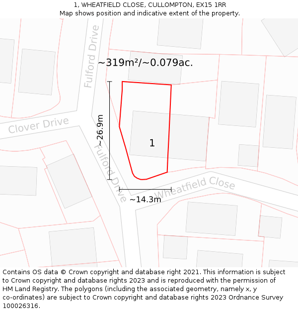 1, WHEATFIELD CLOSE, CULLOMPTON, EX15 1RR: Plot and title map