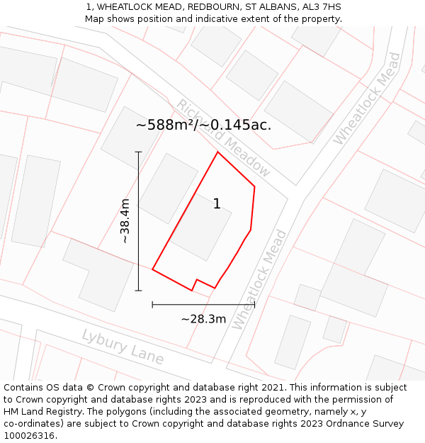 1, WHEATLOCK MEAD, REDBOURN, ST ALBANS, AL3 7HS: Plot and title map