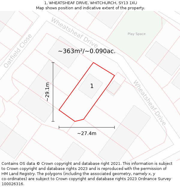 1, WHEATSHEAF DRIVE, WHITCHURCH, SY13 1XU: Plot and title map