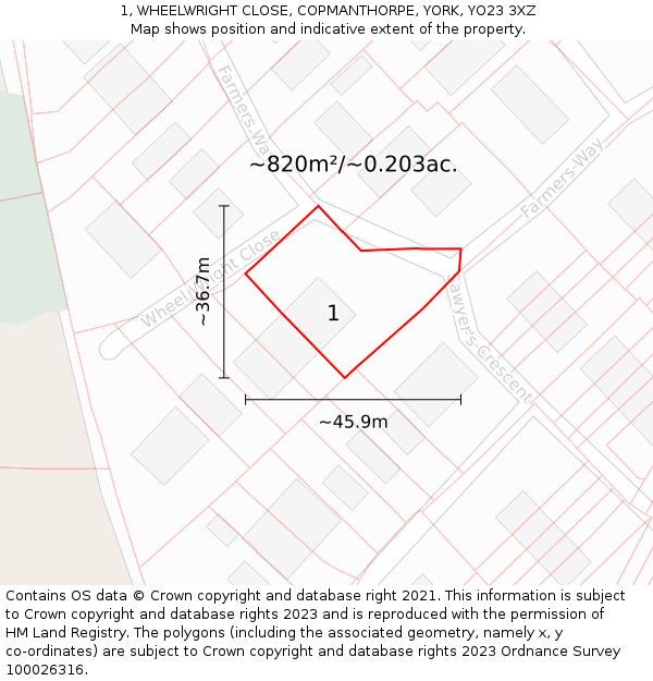 1, WHEELWRIGHT CLOSE, COPMANTHORPE, YORK, YO23 3XZ: Plot and title map