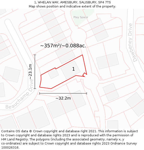 1, WHELAN WAY, AMESBURY, SALISBURY, SP4 7TS: Plot and title map