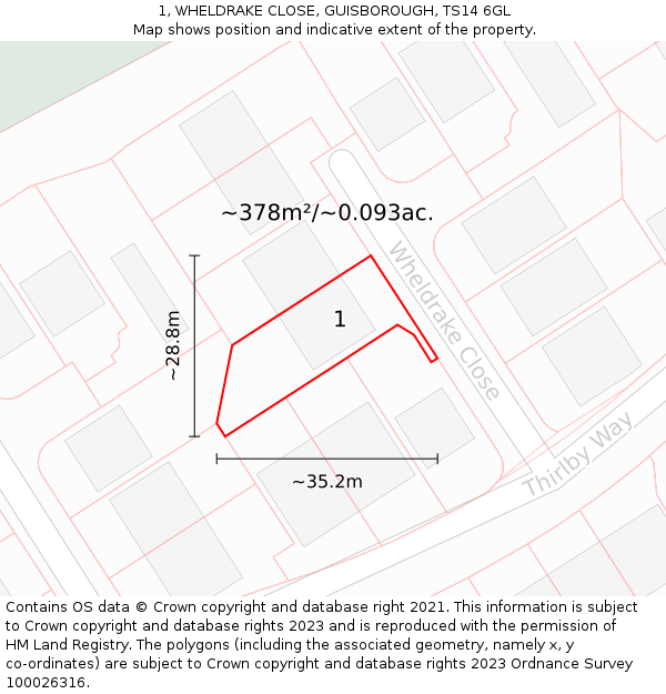 1, WHELDRAKE CLOSE, GUISBOROUGH, TS14 6GL: Plot and title map