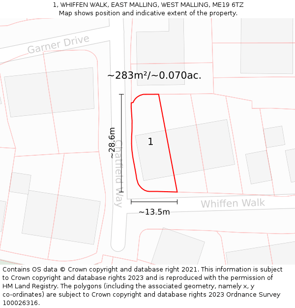 1, WHIFFEN WALK, EAST MALLING, WEST MALLING, ME19 6TZ: Plot and title map
