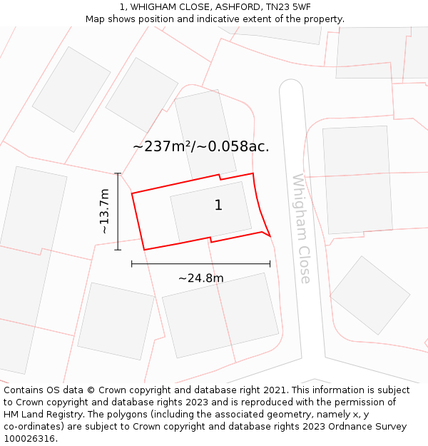 1, WHIGHAM CLOSE, ASHFORD, TN23 5WF: Plot and title map