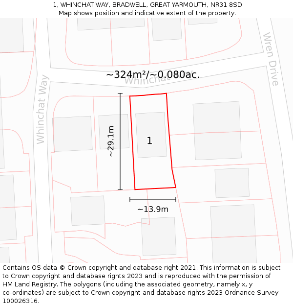 1, WHINCHAT WAY, BRADWELL, GREAT YARMOUTH, NR31 8SD: Plot and title map
