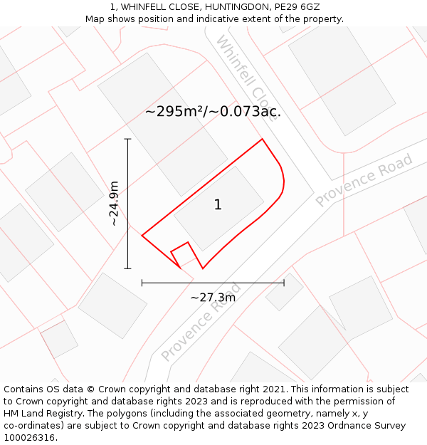 1, WHINFELL CLOSE, HUNTINGDON, PE29 6GZ: Plot and title map