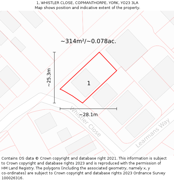1, WHISTLER CLOSE, COPMANTHORPE, YORK, YO23 3LA: Plot and title map
