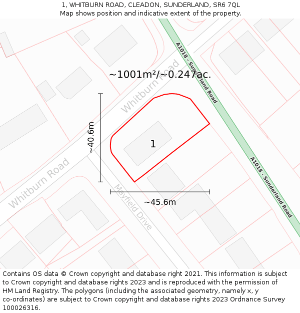 1, WHITBURN ROAD, CLEADON, SUNDERLAND, SR6 7QL: Plot and title map