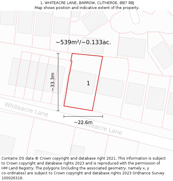 1, WHITEACRE LANE, BARROW, CLITHEROE, BB7 9BJ: Plot and title map
