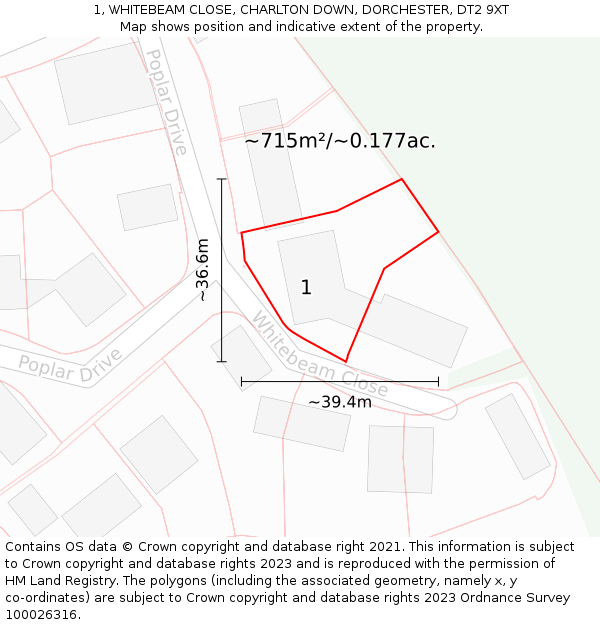 1, WHITEBEAM CLOSE, CHARLTON DOWN, DORCHESTER, DT2 9XT: Plot and title map