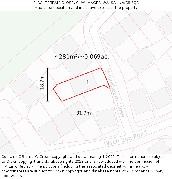 1, WHITEBEAM CLOSE, CLAYHANGER, WALSALL, WS8 7QR: Plot and title map