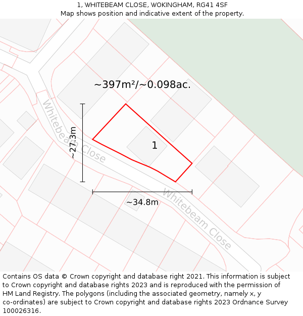 1, WHITEBEAM CLOSE, WOKINGHAM, RG41 4SF: Plot and title map