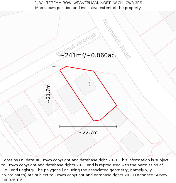 1, WHITEBEAM ROW, WEAVERHAM, NORTHWICH, CW8 3ES: Plot and title map