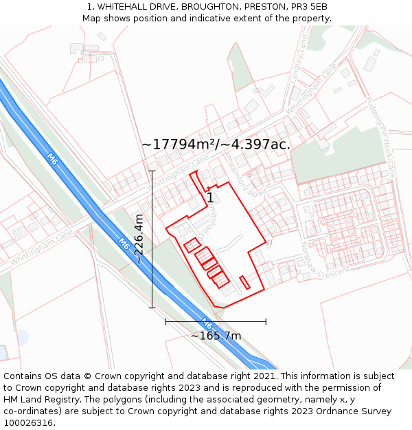 1, WHITEHALL DRIVE, BROUGHTON, PRESTON, PR3 5EB: Plot and title map