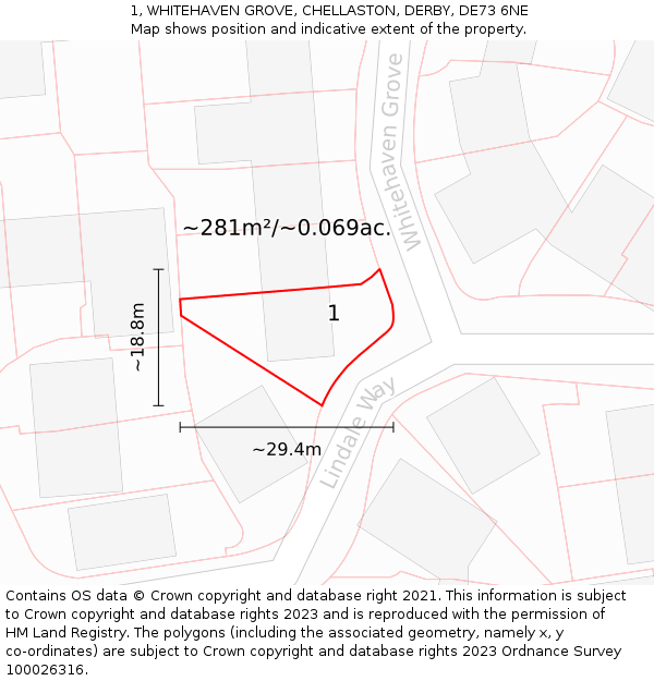 1, WHITEHAVEN GROVE, CHELLASTON, DERBY, DE73 6NE: Plot and title map