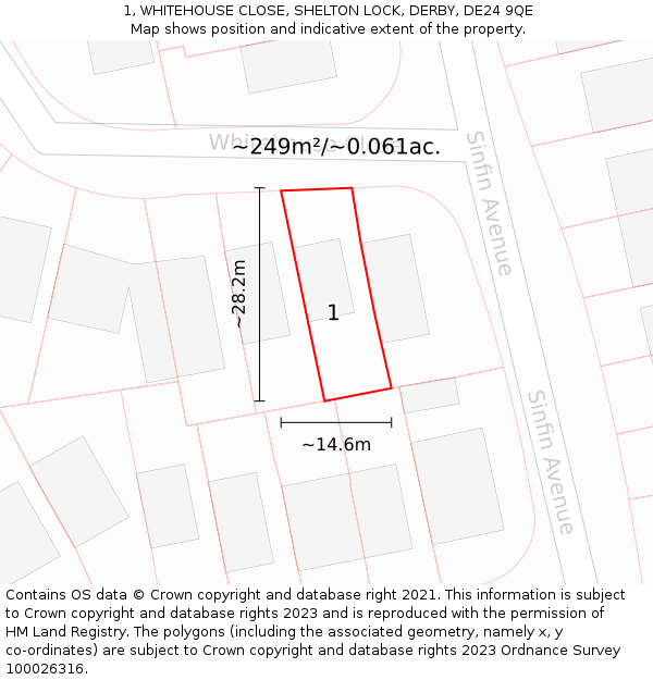 1, WHITEHOUSE CLOSE, SHELTON LOCK, DERBY, DE24 9QE: Plot and title map
