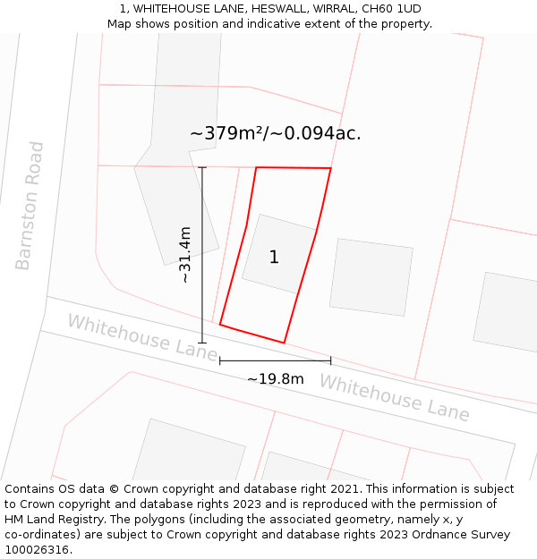 1, WHITEHOUSE LANE, HESWALL, WIRRAL, CH60 1UD: Plot and title map
