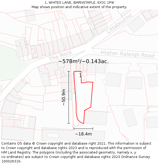 1, WHITES LANE, BARNSTAPLE, EX31 1PW: Plot and title map