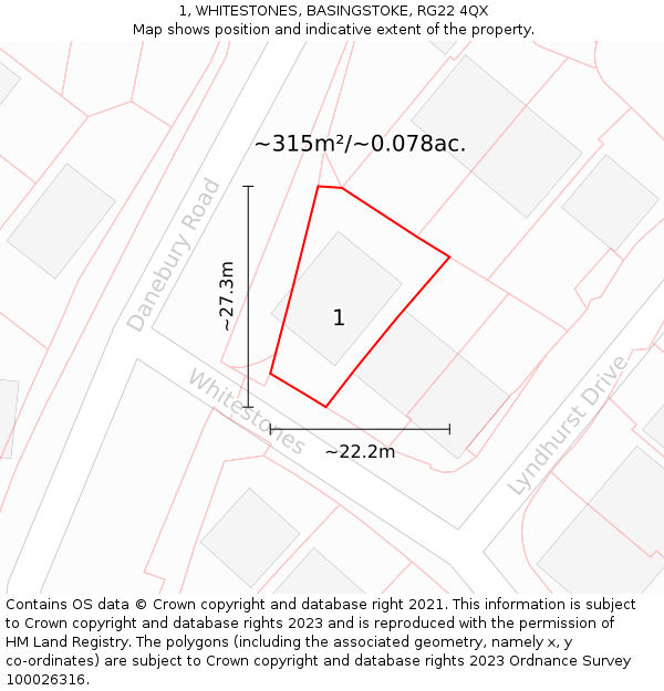 1, WHITESTONES, BASINGSTOKE, RG22 4QX: Plot and title map
