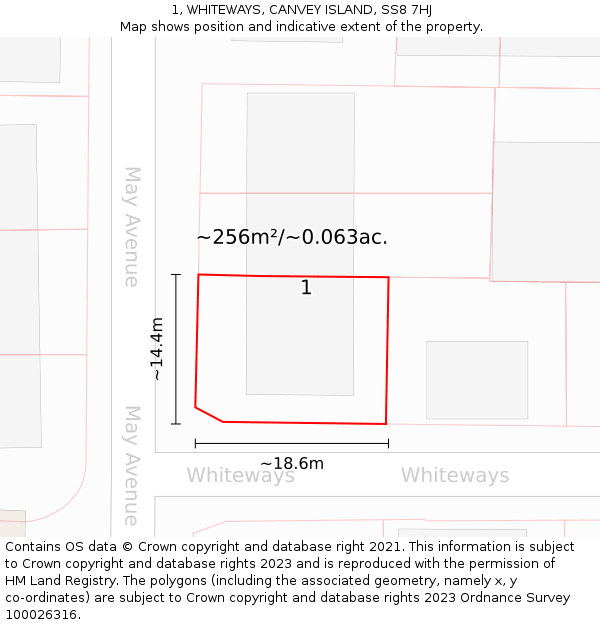 1, WHITEWAYS, CANVEY ISLAND, SS8 7HJ: Plot and title map