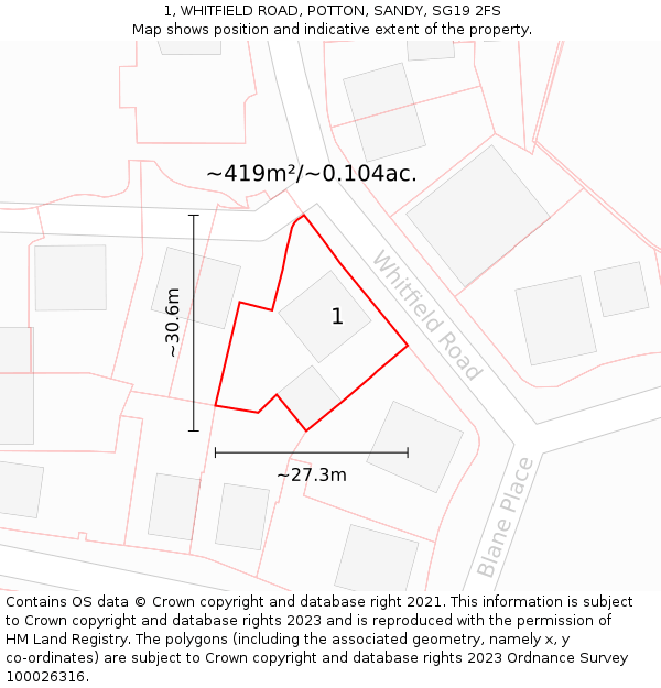 1, WHITFIELD ROAD, POTTON, SANDY, SG19 2FS: Plot and title map