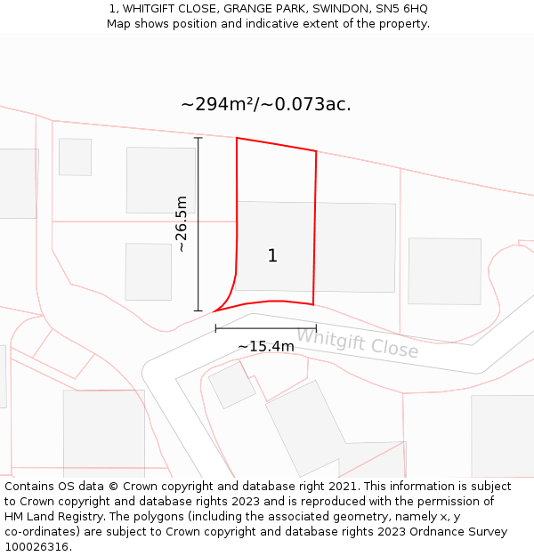 1, WHITGIFT CLOSE, GRANGE PARK, SWINDON, SN5 6HQ: Plot and title map