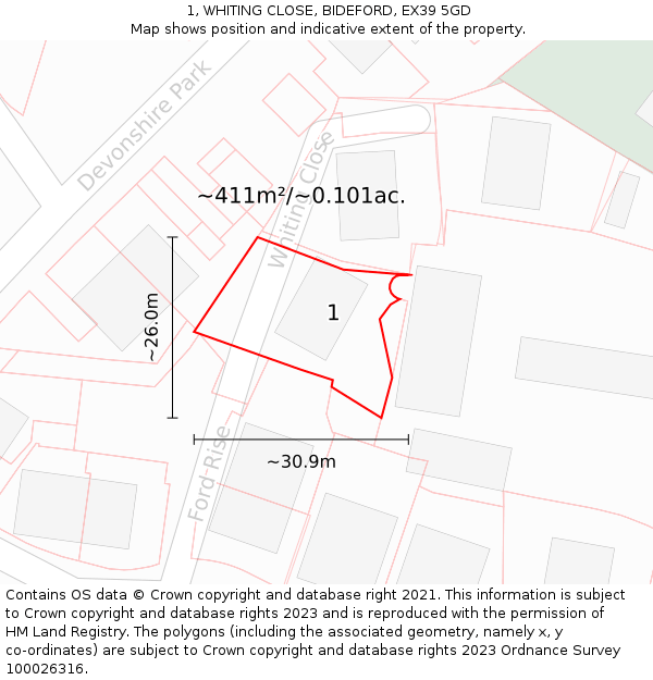 1, WHITING CLOSE, BIDEFORD, EX39 5GD: Plot and title map