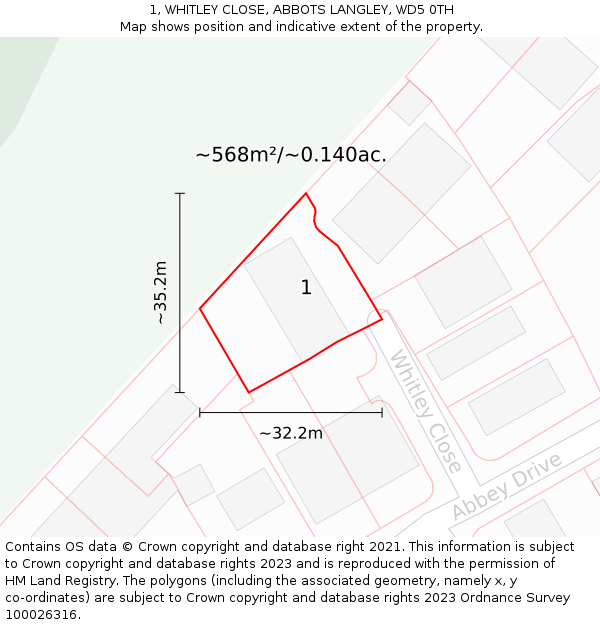 1, WHITLEY CLOSE, ABBOTS LANGLEY, WD5 0TH: Plot and title map