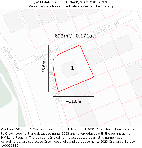1, WHITMAN CLOSE, BARNACK, STAMFORD, PE9 3EL: Plot and title map