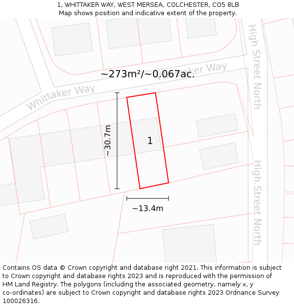 1, WHITTAKER WAY, WEST MERSEA, COLCHESTER, CO5 8LB: Plot and title map