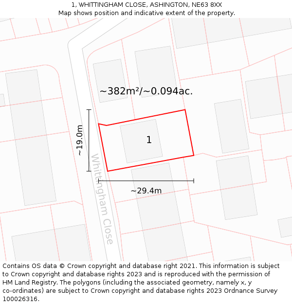 1, WHITTINGHAM CLOSE, ASHINGTON, NE63 8XX: Plot and title map
