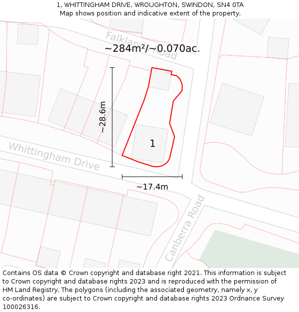 1, WHITTINGHAM DRIVE, WROUGHTON, SWINDON, SN4 0TA: Plot and title map