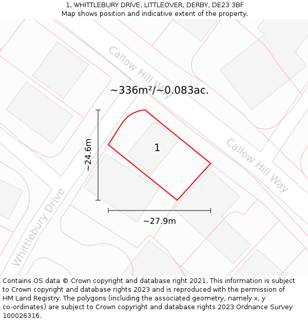 1, WHITTLEBURY DRIVE, LITTLEOVER, DERBY, DE23 3BF: Plot and title map