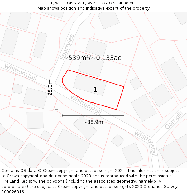1, WHITTONSTALL, WASHINGTON, NE38 8PH: Plot and title map
