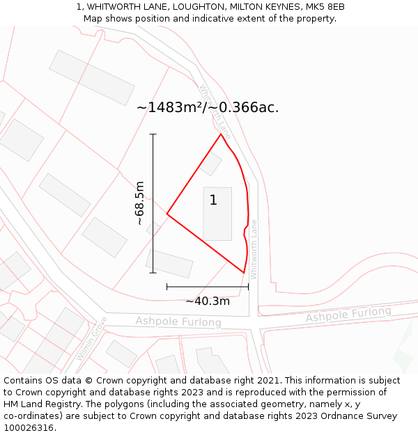 1, WHITWORTH LANE, LOUGHTON, MILTON KEYNES, MK5 8EB: Plot and title map