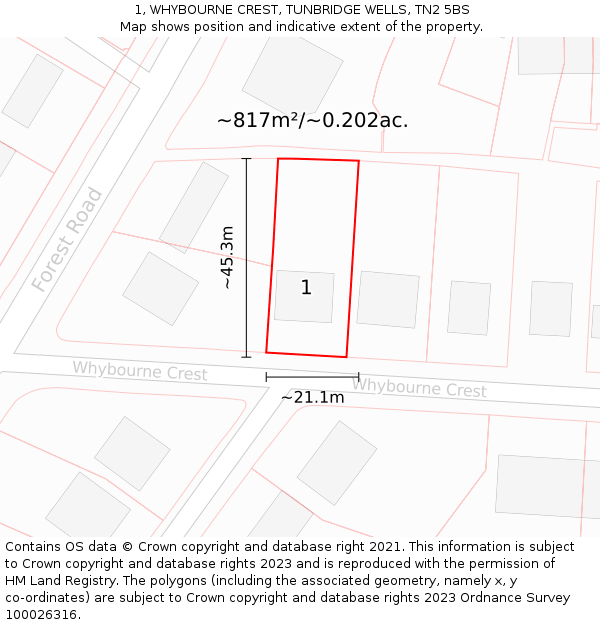 1, WHYBOURNE CREST, TUNBRIDGE WELLS, TN2 5BS: Plot and title map