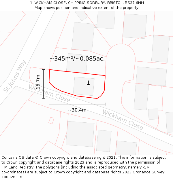 1, WICKHAM CLOSE, CHIPPING SODBURY, BRISTOL, BS37 6NH: Plot and title map