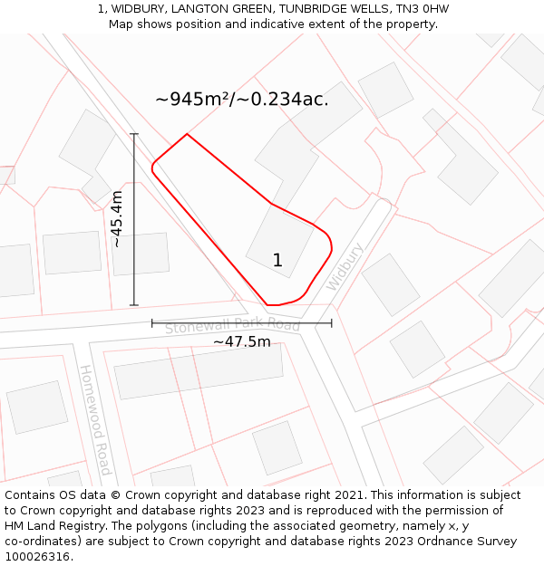 1, WIDBURY, LANGTON GREEN, TUNBRIDGE WELLS, TN3 0HW: Plot and title map