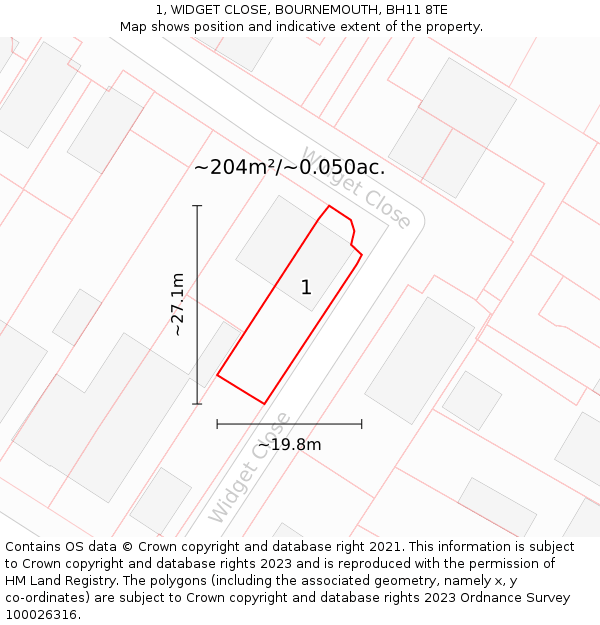1, WIDGET CLOSE, BOURNEMOUTH, BH11 8TE: Plot and title map