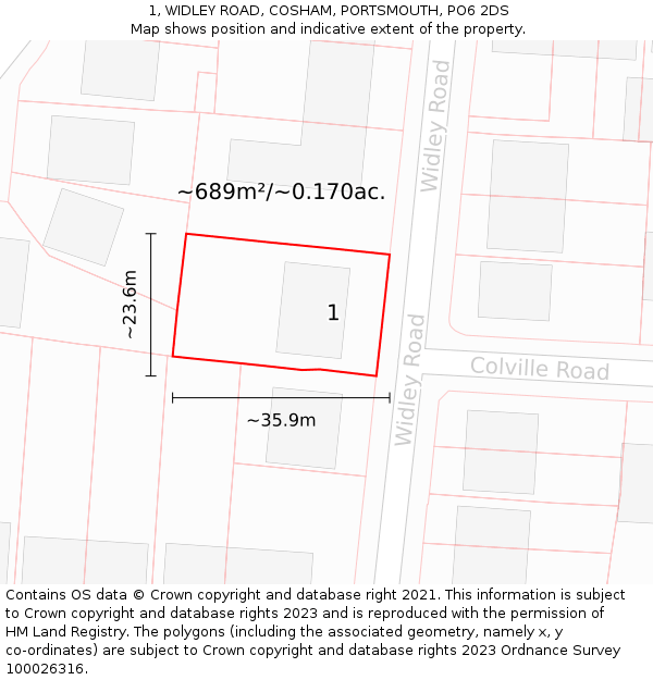 1, WIDLEY ROAD, COSHAM, PORTSMOUTH, PO6 2DS: Plot and title map