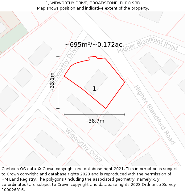 1, WIDWORTHY DRIVE, BROADSTONE, BH18 9BD: Plot and title map