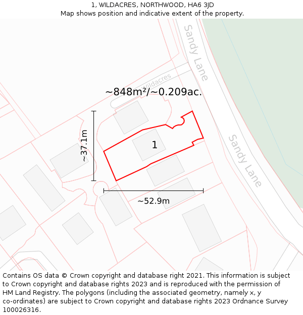 1, WILDACRES, NORTHWOOD, HA6 3JD: Plot and title map